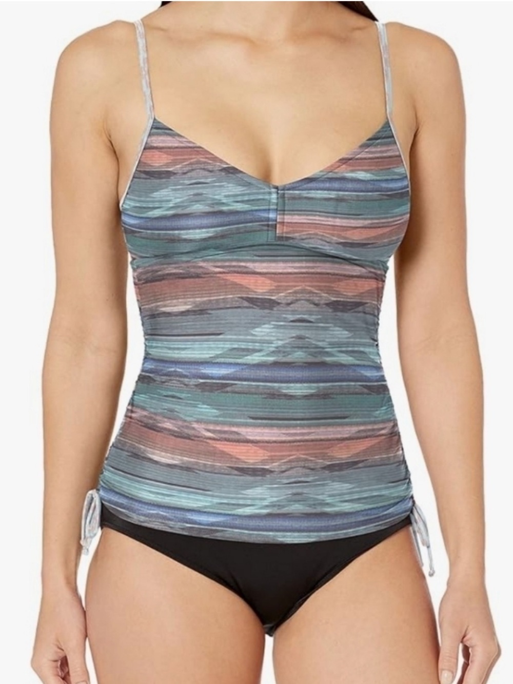 Prana Bonita Moorea Tankini Top Granite Print Ruched Side Tie Swimwear Size S